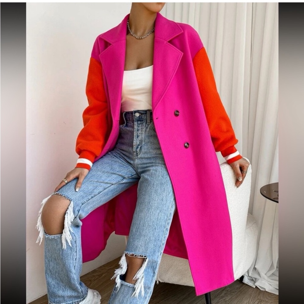 Classic Colorblock Double Breasted Lightweight Pea Coat - Picture 4 of 14